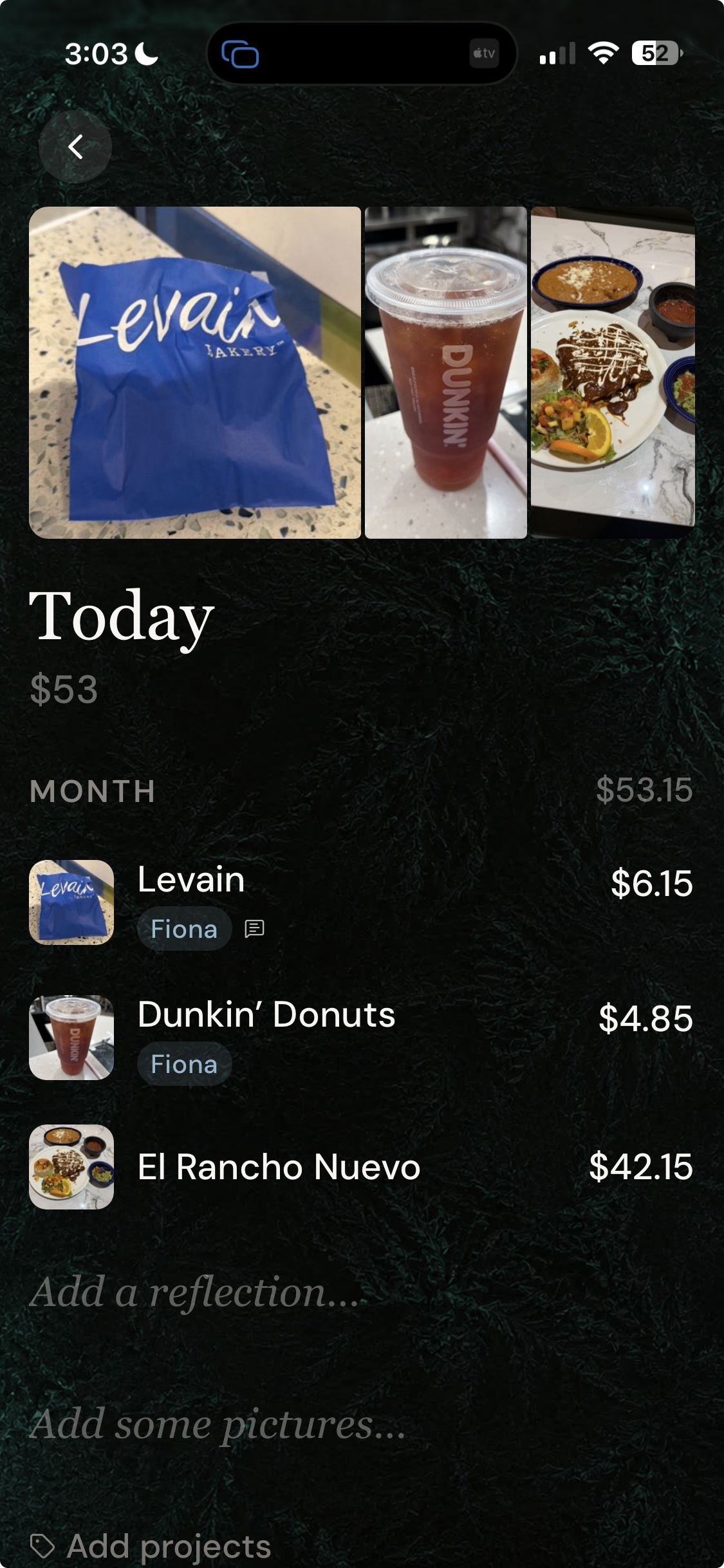 One shared CoCarlo day seen from Alex's account: Today, $53, with Levain and Dunkin' Donuts tagged as Fiona's, and El Rancho Nuevo untagged as Alex's own.
