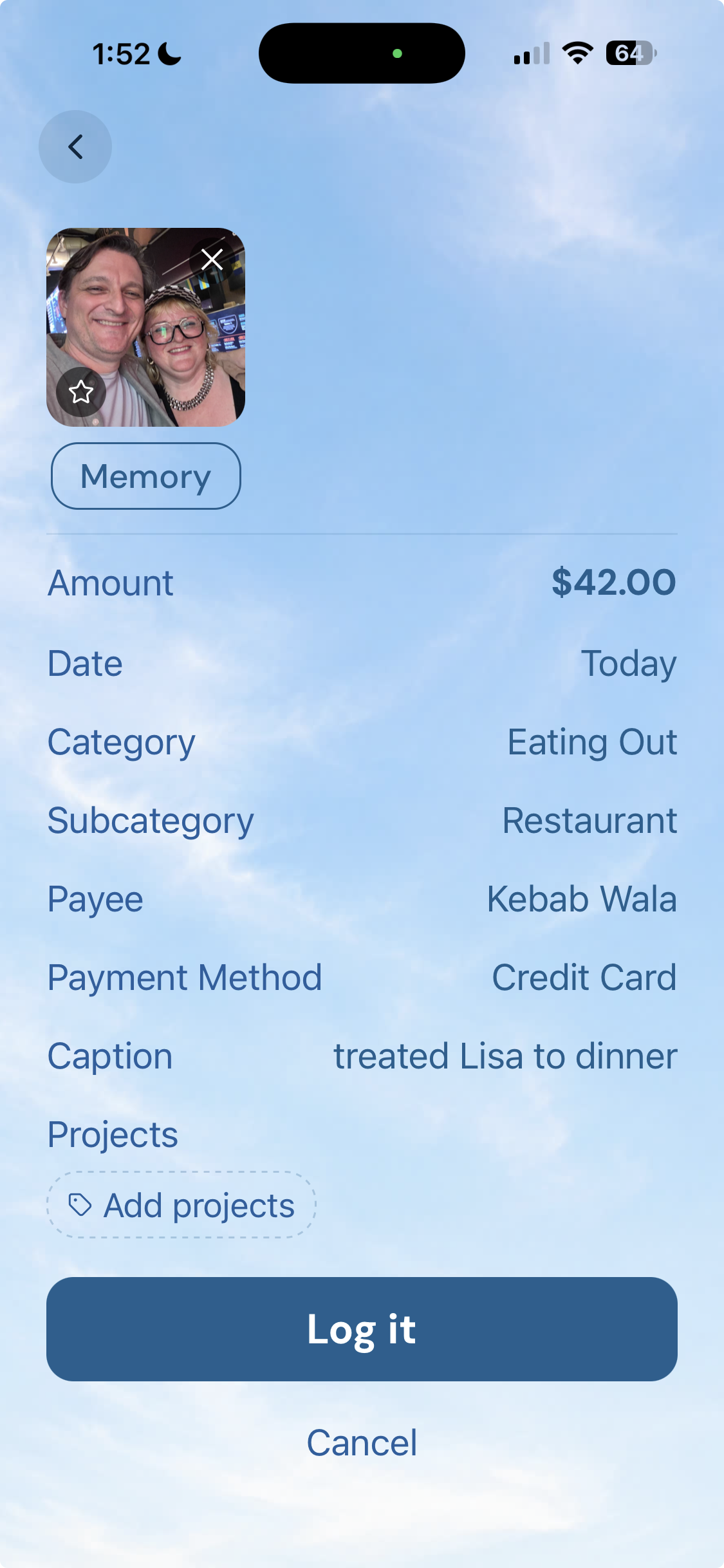 Logging a purchase in Carlo: a photo of two people at dinner marked as a memory, amount $42.00, category Eating Out, subcategory Restaurant, payee Kebab Wala, paid by credit card, captioned 