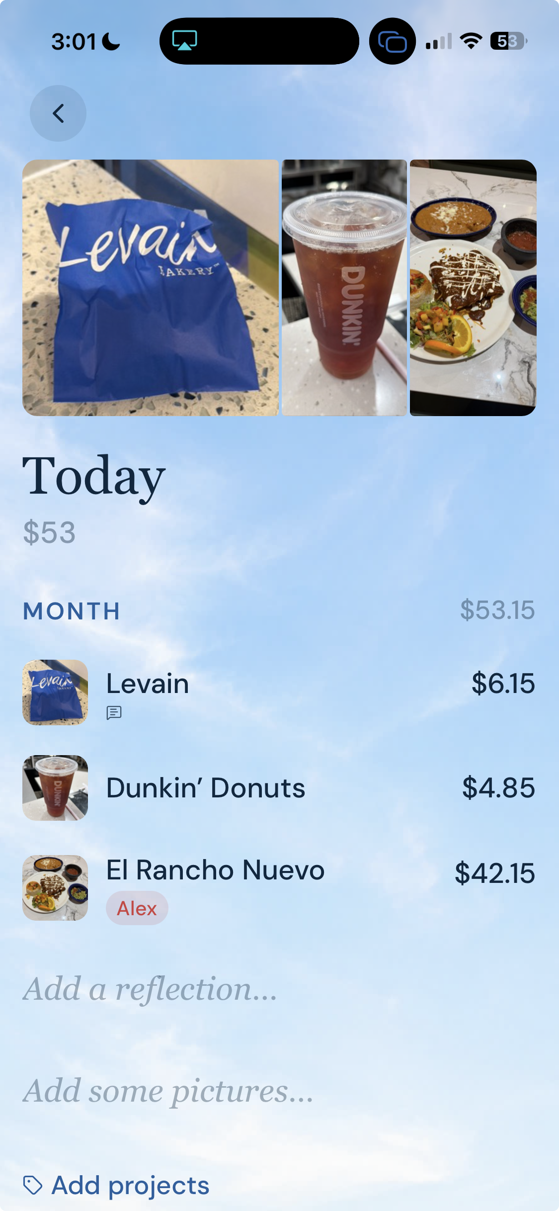 The same shared day seen from Fiona's account: the entries she added appear untagged, and El Rancho Nuevo is tagged Alex.